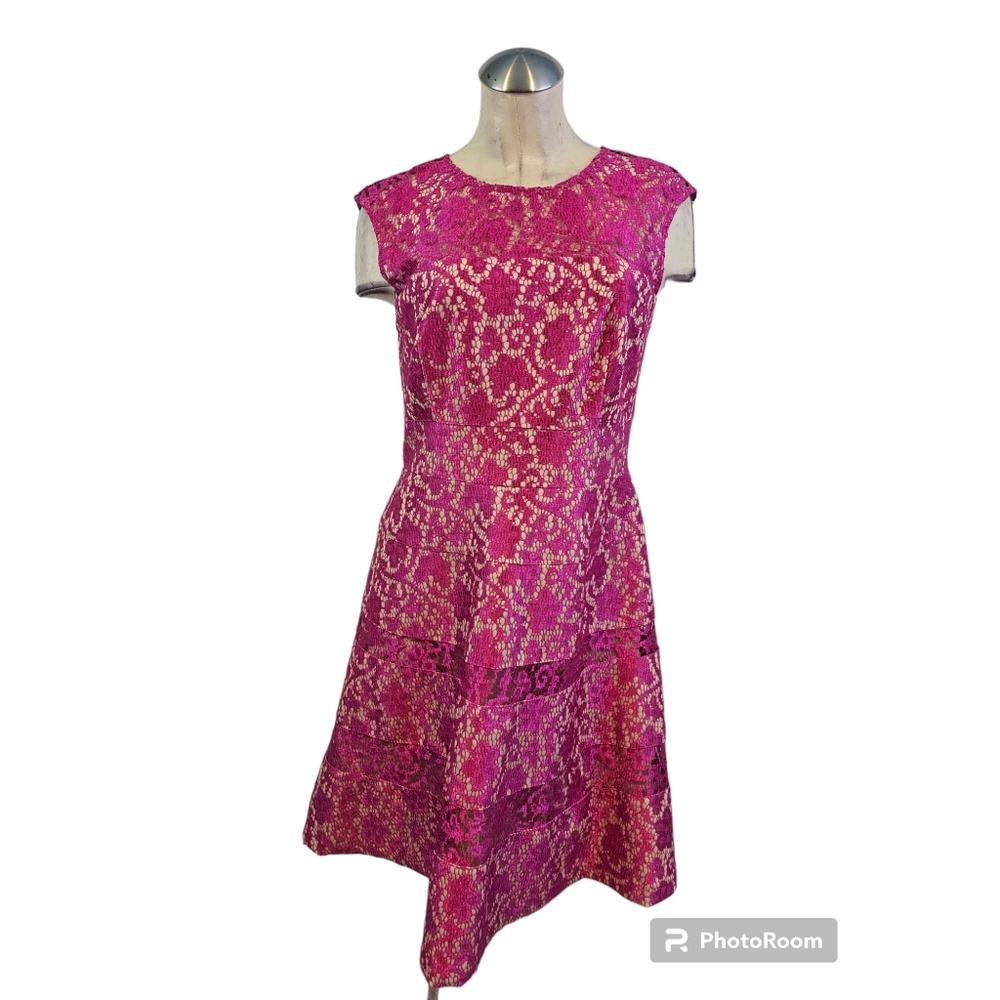 Kay Unger Size 10 Fuschia Lace Overlay Cocktail Dress